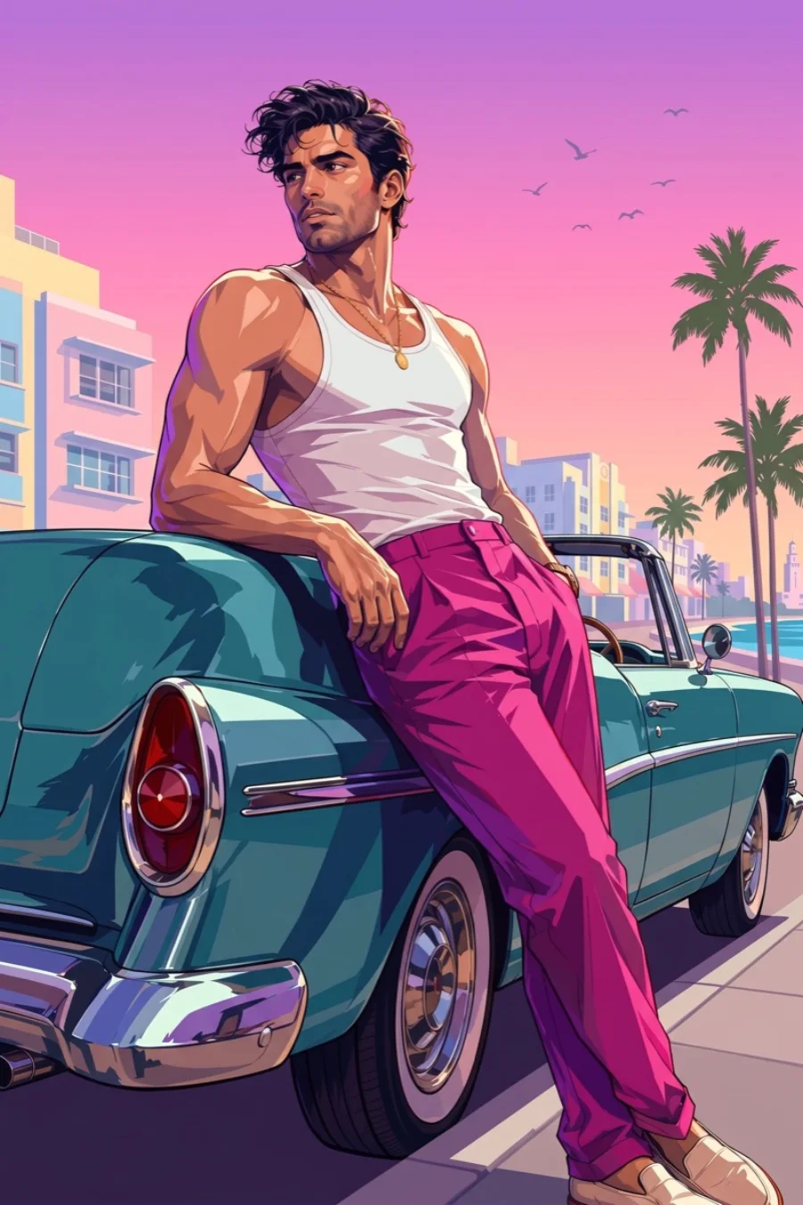 An iPhone wallpaper generated by Lockimate in an illustrated neon-Miami style: a figure leaning on a vintage convertible against a magenta sunset and palm trees