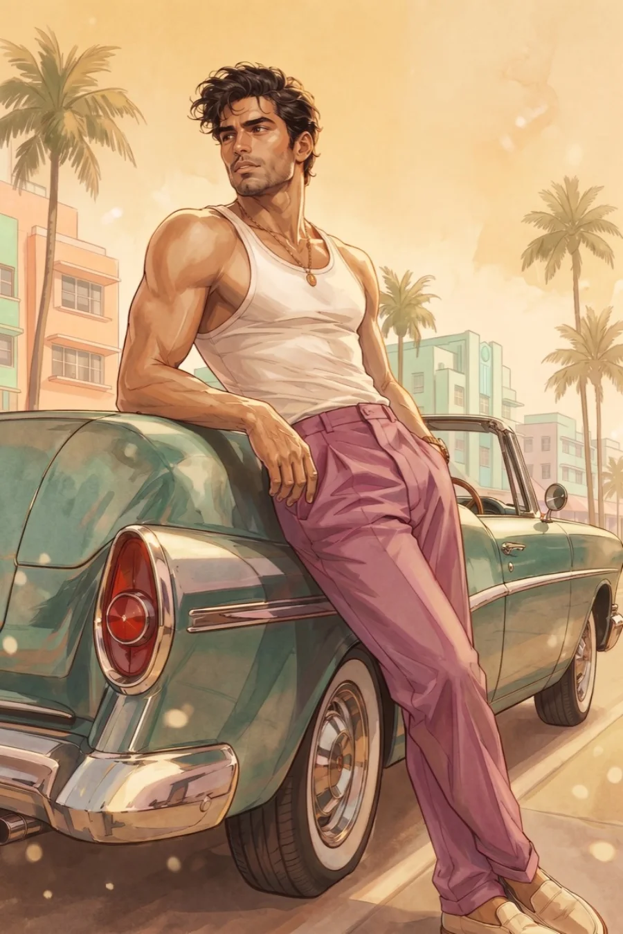 A second variation of the same Lockimate wallpaper in the illustrated neon-Miami style, with a warmer sunset palette